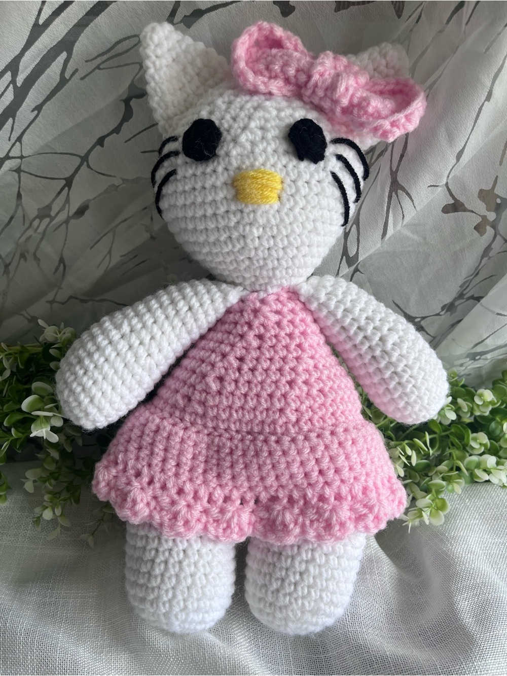 Handmade White and Pink Crochet Hello Kitty Plush Doll - Cute Soft Toy